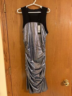 BCBGMaxAzria Metallic Silver and Black Ruched Sheath Dress